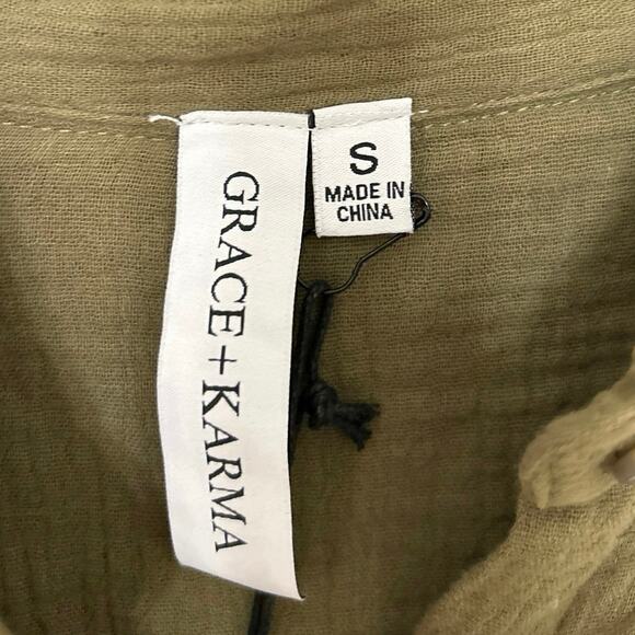 Grace+Karma Olive Green Gauze Cotton Button Down Relaxed Fit Blouse Small New - Picture 8 of 11